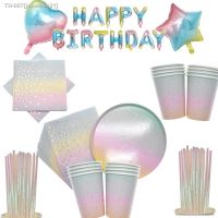 ▬∋ Gradient Rainbow Wedding Tableware Unicorn Plate Disposable Party Paper Tableware Unicorn Birthday Party Tableware Balloons