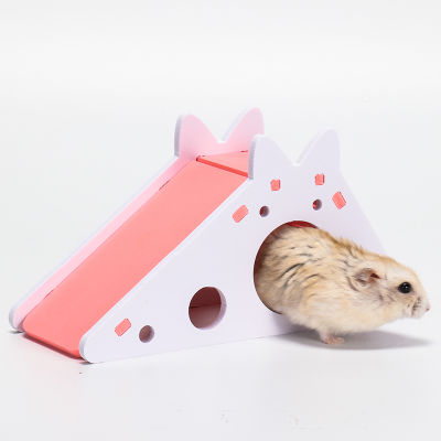 Hamster Hideout หนูแฮมสเตอร์น่ารักของเล่นออกกำลังกายบ้านไม้หนูแฮมสเตอร์พร้อมบันไดสไลด์สำหรับหนูตะเภาหนูแฮมสเตอร์อุปกรณ์เสริมหนูแฮมสเตอร์ Cage
