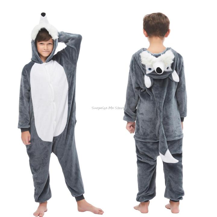 ฮัสกี้สัตว์เด็กสักหลาดเต็ม-o-nesie-one-p-iece-คลุมด้วยผ้าโพลีเอสเตอร์-pijama-ขนาดบวก-pijama-ฤดูหนาว-o-nesie-เด็กยูนิคอร์นชุดนอน