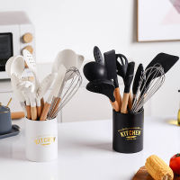 Silicone Kitchen Cookware High Temperature Resistant Non-Stick Wooden Handle Spatula Shovel Baking Tool Cooking Utensils Set