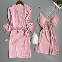 【 WYIN kitchen】 Bride Robe Gown Set Women Sexy Lace Bathrobe Nightgown Suit Kimono Sleepwear Summer Casual Satin Home Dress Wear Outfits