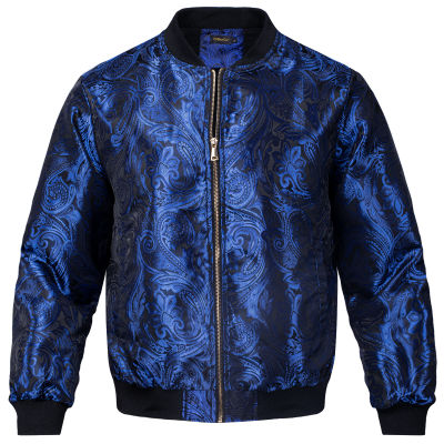 Navy Blue Jacket สำหรับ Man Jacquard Zipper Coat Pasiley ทอกีฬา Streetwear ชุดแขนยาวชายเสื้อชุดสำหรับฤดูใบไม้ร่วงฤดูหนาว