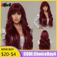 Long Wavy Wine Red Synthetic Wigs Natural Wave Afro Wigs With Bangs for Black Women Cosplay Costume Wig Heat Resistant Fiber Wig  Hair Extensions Pads