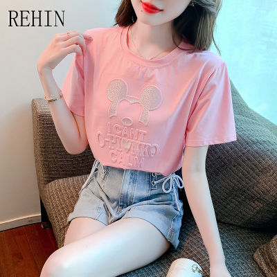 REHIN เสื้อยืดแขนสั้นสำหรับผู้หญิง,เสื้อยืดคอกลมแขนสั้นสีชมพูหวานพิมพ์ตัวอักษรฤดูร้อนสไตล์เกาหลีแบบใหม่