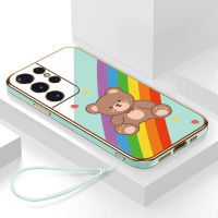 เคสs21 ultra 5g กรอบสีทองชุบด้วยไฟฟ้า รวมทุกอย่าง ฝาหลัง วัสดุ TPU ป้องกันการหล่น ป้องกันการชนกัน กันน้ำ สายรัดข้อมือการ์ตูนน่ารัก เคสโทรศัพท์มือถือ