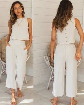 Womens Solid Color Cotton and Linen Casual Suit Vest Long Loose Pants Breathable Casual Home Service Linen Sleeveless