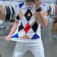 CODDian Zhen Ice Silk Diamond Men S Short-Sleeved Summer 2021 New Wild Thin White Section Color Matching Round Neck T-Shirt Half-Shirt