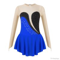 Kid Girls Long Sleeve Figure Skating Dance Dress Shiny Ballet Tutu Rhythmic Gymnastics Leotrad Dress Stgae Performance Dancewear