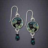 Vintage Round Black Cat Earrings for Women Ethnic Antique Silver Color Painting Green Leaves Blauwe Parel Dangle Earrings