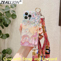 Zeallion เคสโทรศัพท์พิมพ์ลายดอกไม้น้ำมัน,เคสโทรศัพท์สะท้อนแสงประดับเพชรพร้อมสายคล้องสำหรับ Apple iPhone 13 12 11 Pro XS Max Mini XR X 7 8 Plus SE 2020