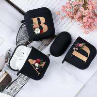 Cute Floral Gold Initial Alphabet Letter Case For AirPods 2 1 3 Pro Black Silicone Wireless Bluetooth Earphone Box Matte Cover