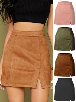 Suede High Waist y Split Bodycon Skirts Woman Fall Winter  New Solid Green Beige Streetwear A Line Slim Pencil Mini Skirt