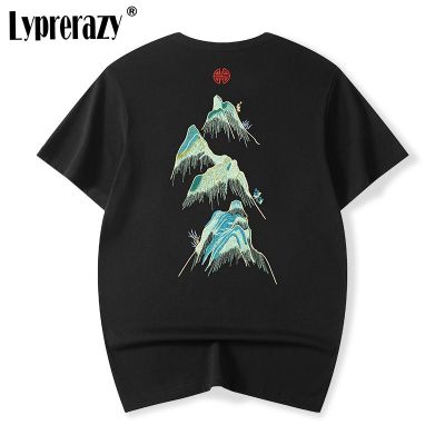 Lyprerazy Chinese Style Landscape Embroidery Short-sleeved T-shirt Summer Tide Brand Cotton Mens Tees