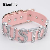Handmade Crystal Words Necklace Women Custom Choose Big Letters Choker Pink Punk Gothic PU Leather Collar Choker