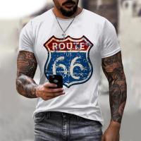 Hot Sale Fashion Summer Vintage Street Style America Route 66 Letters Printed Tshirt Clothes Crew Neck Men Oversized T-shirt