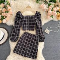 Women Summer Korean Retro Plaid Set Square Collar Puff Sleeve Zipper Slim Short Tops+A-line Mini Skirt Two Piece Suits