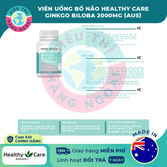 Hcmviên uống bổ não ginkgo biloba healthy care 2000mg hộp 100 viên tăng - ảnh sản phẩm 3