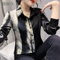 REHIN ผู้หญิงฤดูใบไม้ร่วงใหม่แฟชั่นพิมพ์เย็บเสื้อแขนยาว Lapel All-Match บาง Slim Elegant เสื้อ