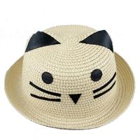 Cute Child Girls Straw hat Cat ears Sun Hat Kids Large Brim Beach Summer Boater Beach Ribbon Round Flat Top fedora hat 54CM