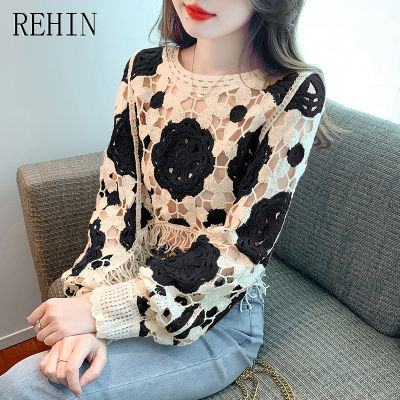 REHIN เสื้อผู้หญิง2023เวอร์ชั่นเกาหลีใหม่ฤดูใบไม้ร่วงแรกรูปแบบรอบคอเรขาคณิตหวานเสื้อเสื้อลายลูกไม้แขนยาว