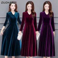 DUOHANZI 2023กำมะหยี่สีทองสไตล์ตะวันตกชุดกระโปรงยาว Bottoming Cheongsam หนากว่าเข่ากระโปรงผู้หญิง