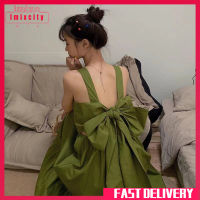 Imixcity ชุดเดรสผู้หญิง Avocado สีเขียว Suspender A Line กระโปรงยาวธรรมดาหวาน Backless Bowknot Dress