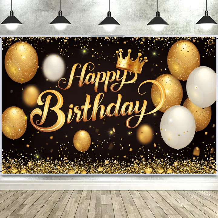 Happy Birthday Backdrop Banner Large Black Gold Balloon Star Fireworks  Party Sign Poster Photo Booth Backdrop