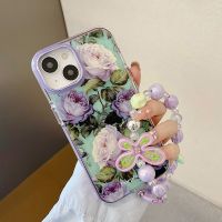 .Suitable For iphone 14 pro max 11 Fashion Oil Painting Purple Rose Flower Girls phone case for 13Pro 12 13 Pro Max 12promax Fall prevention hard back cover With chain