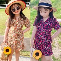 Summer Girls Print V-neck Short-sleeved Pastoral Dress  by Hs2023