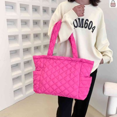 Autumn Winter Shoulder Handbags Rhombus Pattern Cotton Padded Top-handle Bag Solid Zipper Travel Purse for Women Girl