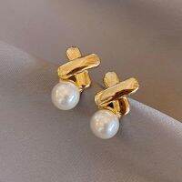 [COD] French golden style cross pearl earrings womens 2023 new trendy all-match retro high-end