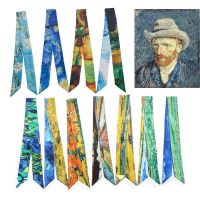 ★New★ Art Van Gogh Wheat Field Apricot Blossom Starry Sky Oil Painting Slender Strip Narrow Small Ribbon Tied Bag Handle Silk Scarf Hair Tie Scarf