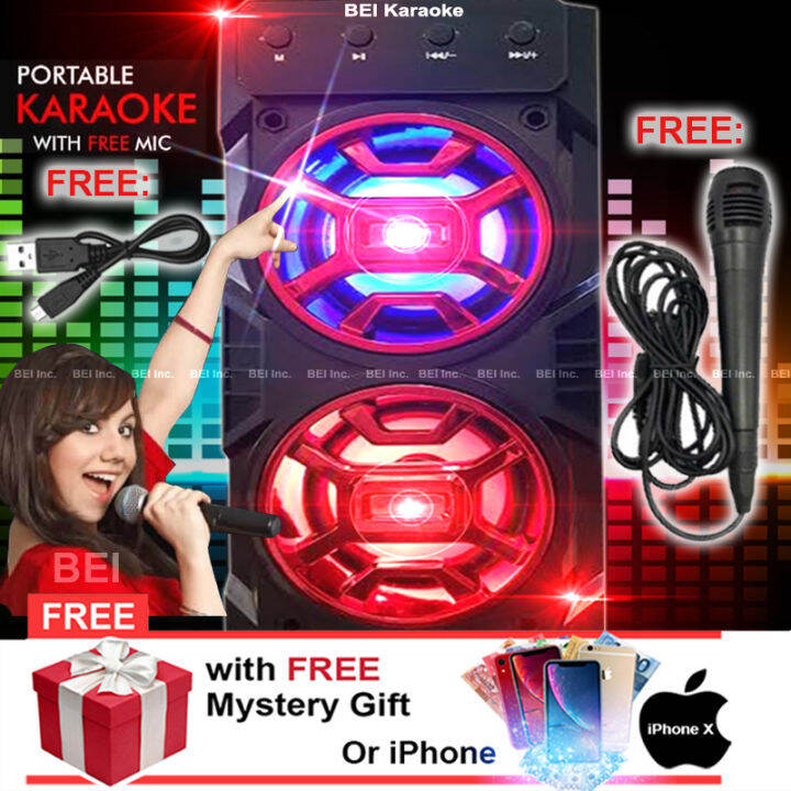 BEI Karaoke Model 1 Wireless Portable LED Bluetooth Speaker with FREE MIC & CORD and AUX/USB/TF