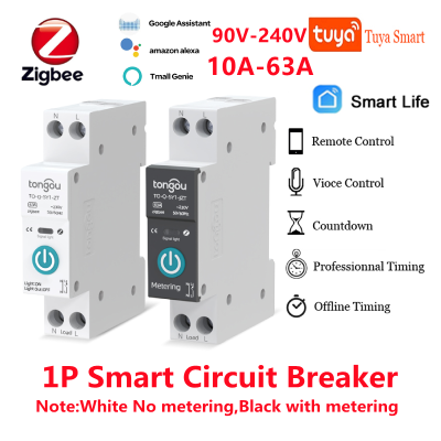 Jiuch TUYA ZigBee กับวัด Smart Circuit Breaker 1P 63A DIN Rail 10A 16A 25A 32A 40A 63A สำหรับสมาร์ทรีโมทคอนโทรลไร้สายสวิทช์โดย Smart Life APP 90V-240V สมาร์ทจับเวลารีเลย์ Works สำหรับ Alexa Google Home