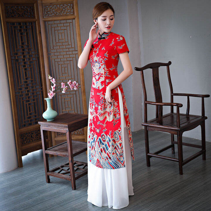 เวียดนาม-ao-dai-cheongsam-ชุดยาว2022มารยาทจีนปรับปรุงทุกวันแม่-cheongsam-แขนสั้นผู้หญิง