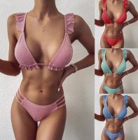 【TAKU Swimsuit】 Conjunto De บิกินี่ผ้าโปร่ง Con Volantes Para Mujer ชุดว่ายน้ำบิกินี Baño De Dos De Piezas Con Volantes De Color Sólido Con Abertura Y Almohadilla El Pecho