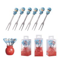 6pc Fruit Fork Silica Gel Ceramic Barrel Stainless Steel Red Army Dessert Cake Children Cute Cartoon Fruit Sign