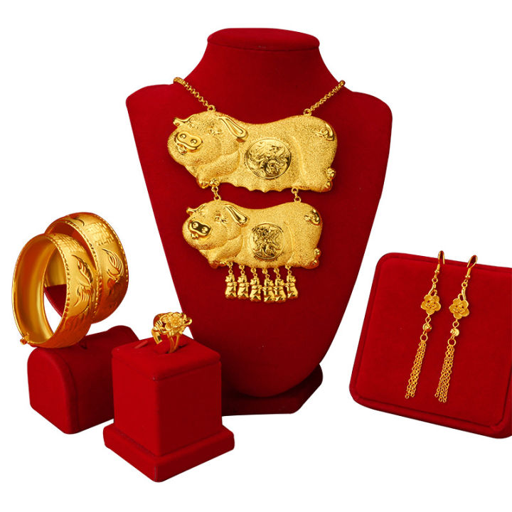 ชุดแต่งงานร้านทองหน้าต่างสร้อยคอตราหมูทองชุบทองเครื่องประดับเจ้าสาวแต่งงานเครื่องประดับทองเลียนแบบ-fashion-chain-necklaces