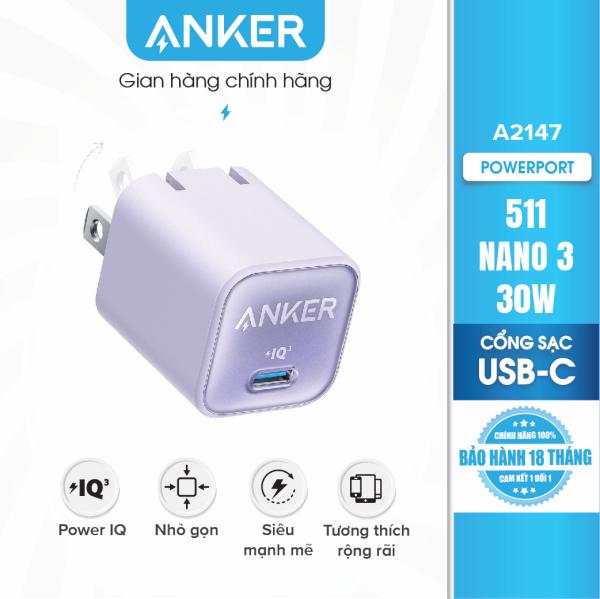 Sạc Anker 511 Nano 30W 1 cổng USB-C PiQ 3.0 tương thích PD – A2147 – Hỗ trợ sạc nhanh 30W
