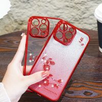 Fashion electroplated flower red phone case for iphone 12 13 14 Pro MAX 11 14promax Soft Shockproof Back Cover with Ring