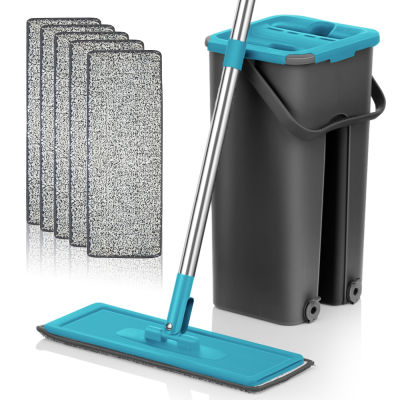 2021Flat Squeeze Mop and Bucket Hand Free Wringing Floor Cleaning Mop Microfiber Mop Pads Wet or Dry Usage on Hardwood Laminate Tile