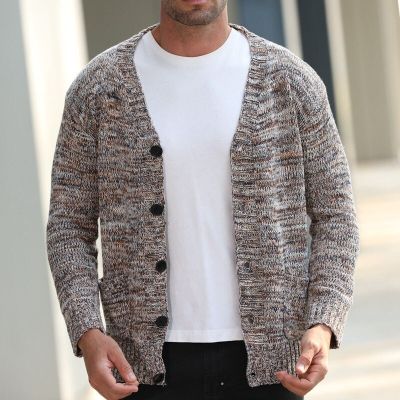 เสื้อโค้ทสเวตเตอร์วินเทจสำหรับผู้ชายฤดูใบไม้ร่วง/ฤดูหนาวคาร์ดิแกนถักแจ็คการ์ดมีกระดุมเสื้อโค้ท Sweter Saku ธุรกิจลำลองมีปก
