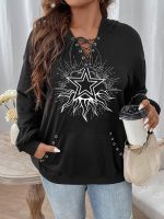 Yuisle Womens Casual Ladies Comfort Plus Size Sweatshirt Plus Eye and Star Print Lace Up Front Drop Shoulder Hoodie Leisure Perfect Comfortable Eye-catching (Color : Black, Size : X-Large)