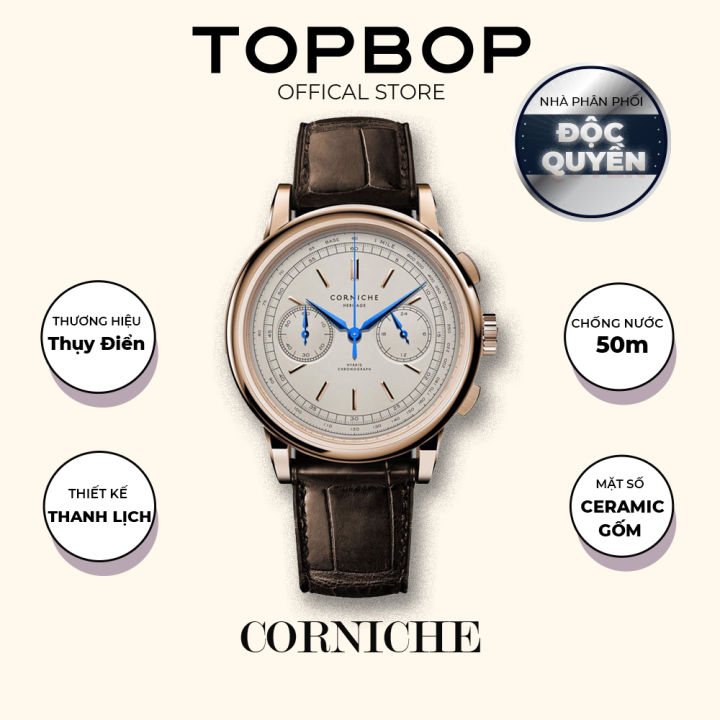 TRẢ GÓP 0%] Đồng hồ nam Corniche Heritage Chronograph - Máy Seiko VK64  Hybrid, màu rose gold, dây da nâu cổ điển 