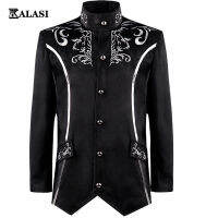 ผู้ชายชุดกำมะหยี่สีดำ Steampunk เจ้าบ่าว Stand Collar เย็บปักถักร้อยเสื้อยุคกลางเสื้อ Gothic Vintage Rock Star คอสเพลย์ Costum