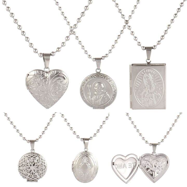 Caiyao Vintage Engraved Flower Empaistic Photo Locket Hold Picture Oval Round Pendant Necklace Antique Carved Pattern Souvenir Memorial Clavicle Jewelry For Women-1