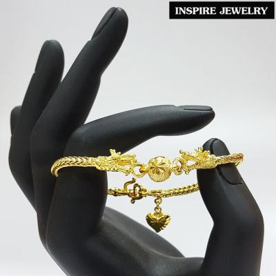 Inspire Jewelry ,สร้อยข้อมือมังกรคู่อุ้มแก้ว (Plated Gold 24K , Silver , Pink Gold) งานจิวเวลรี่ งานร้านทอง น้ำหนัก 2 สลึง พร้อมถุงกำมะหยี่