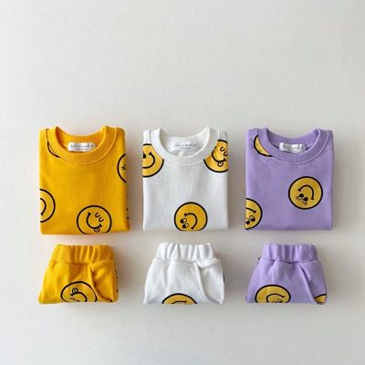 Summer Kids Boys and Girls Casual Smile Face Short Sleeved Tops + Shorts Clothing Set