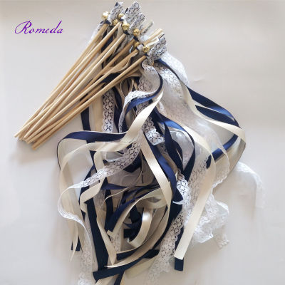 50pcslot navy blue and cream stain ribbon Wedding Ribbon Stick With lace ,Wedding Ribbon Wands ribbon Twirling Streamers
