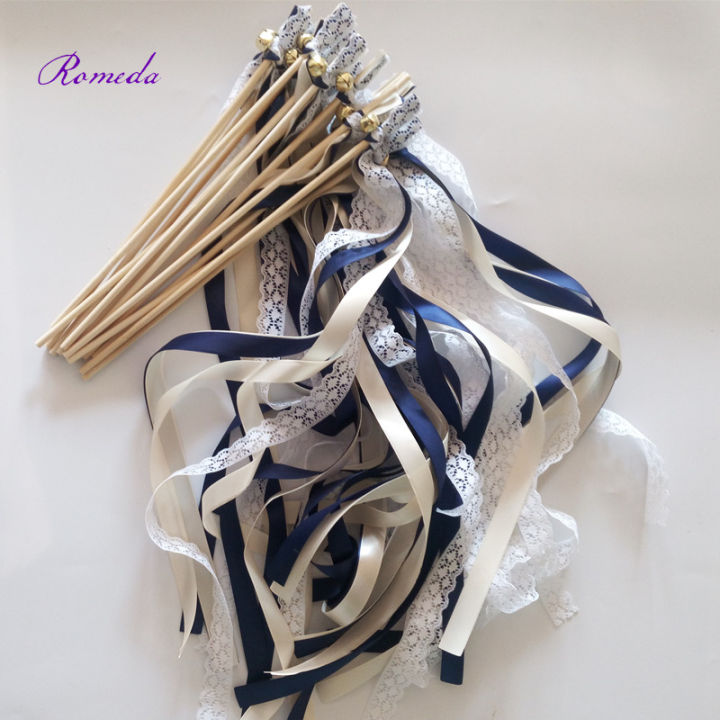 50pcslot-navy-blue-and-cream-stain-ribbon-wedding-ribbon-stick-with-lace-wedding-ribbon-wands-ribbon-twirling-streamers